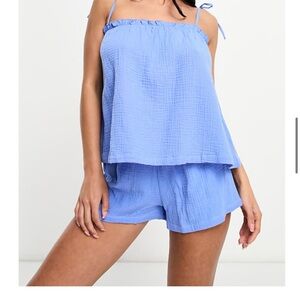 ASOS Blue Cotton-Blend Gauze Cami & Shorts Pajama Set